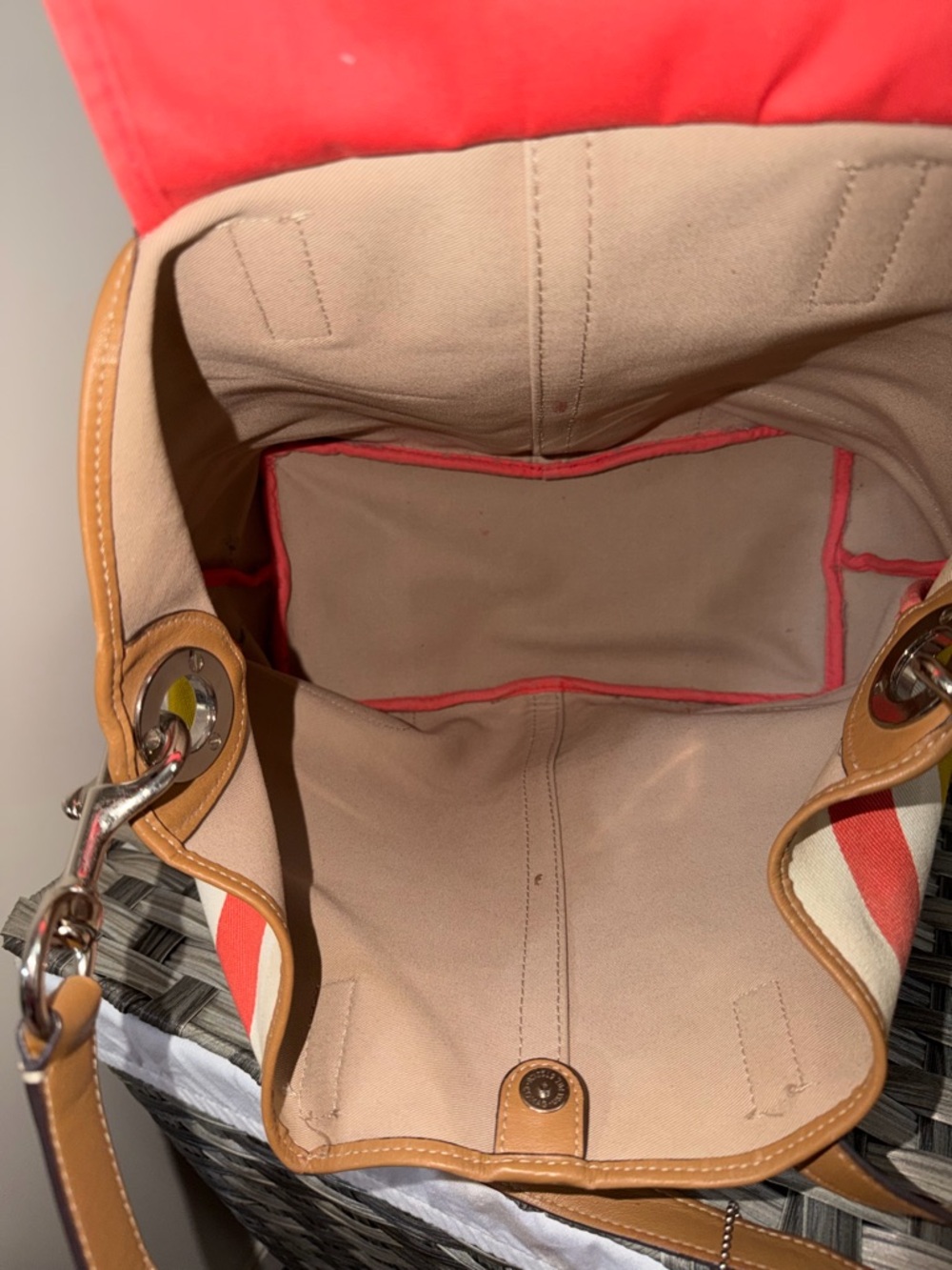 Coach Striped Canvas Tote in Coral, Mustard, Navy & Pink with Tan Leather F30041 - Picture 9 of 16